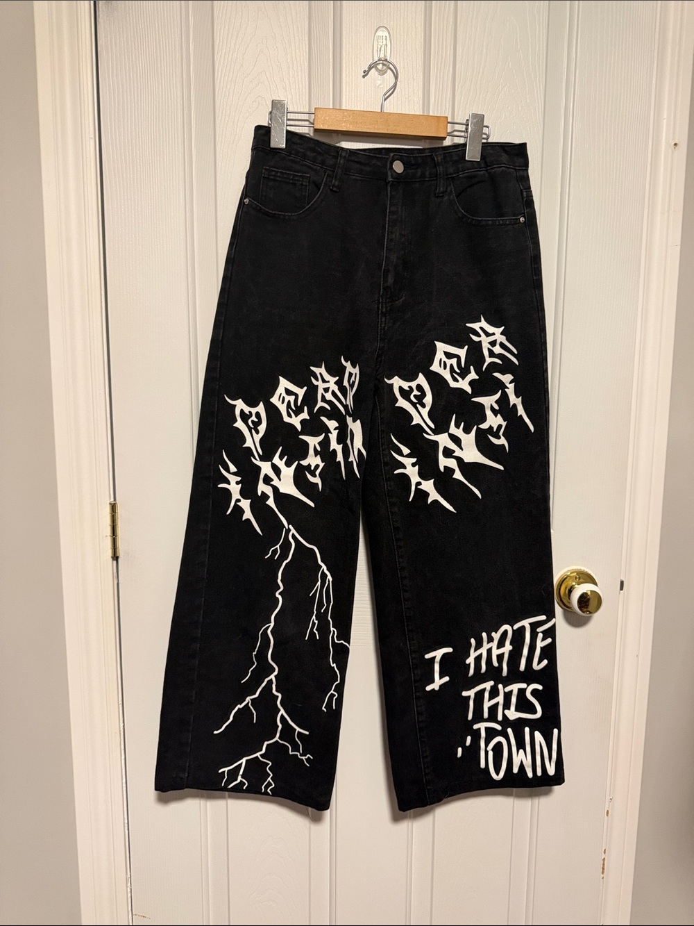 Black Graphic Wide-Leg Jeans with White Print